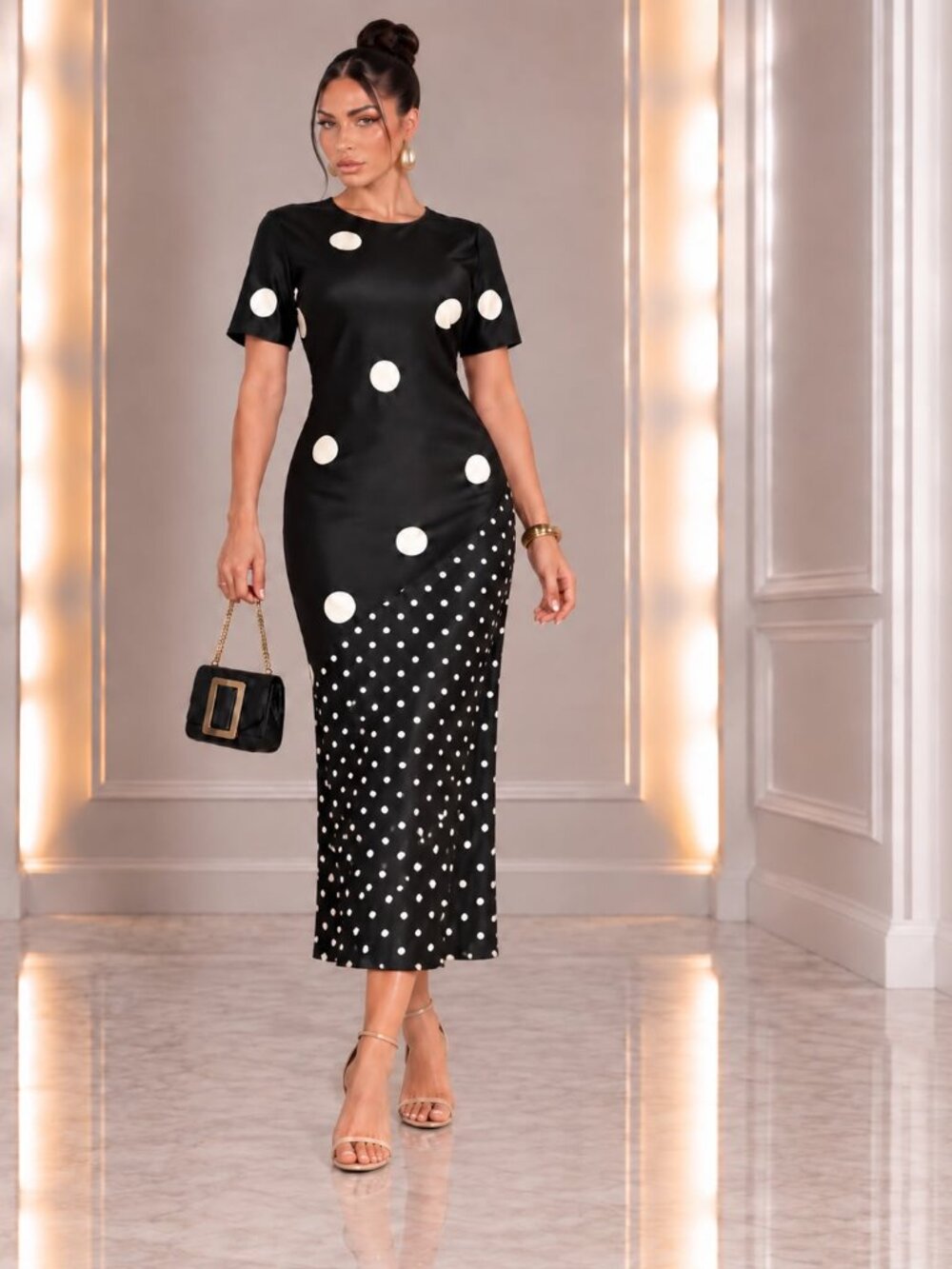 Big & Small Polka Dot Elle Satin Dress- Black